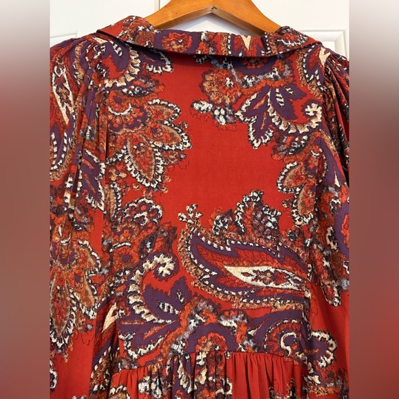 Free People Say You Love Me Mini Dress M Orange Paisley Boho Long Sleeve - Picture 9 of 13